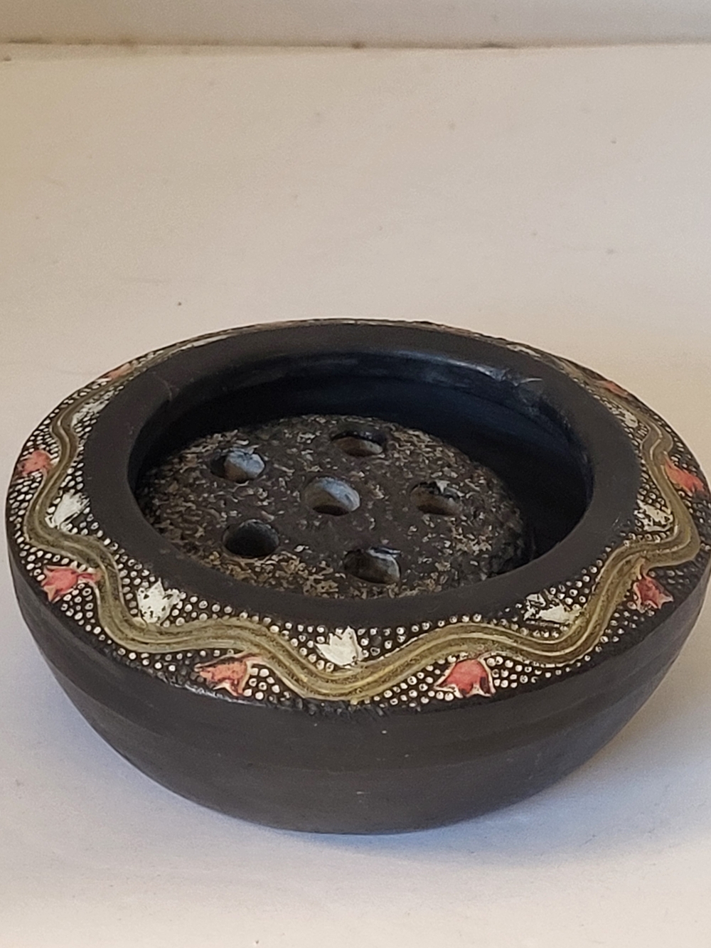 1920s Japan Tokanabe Pottery 2pc Ikebana Flower Frog Bowl Moriage 4"×1.5"